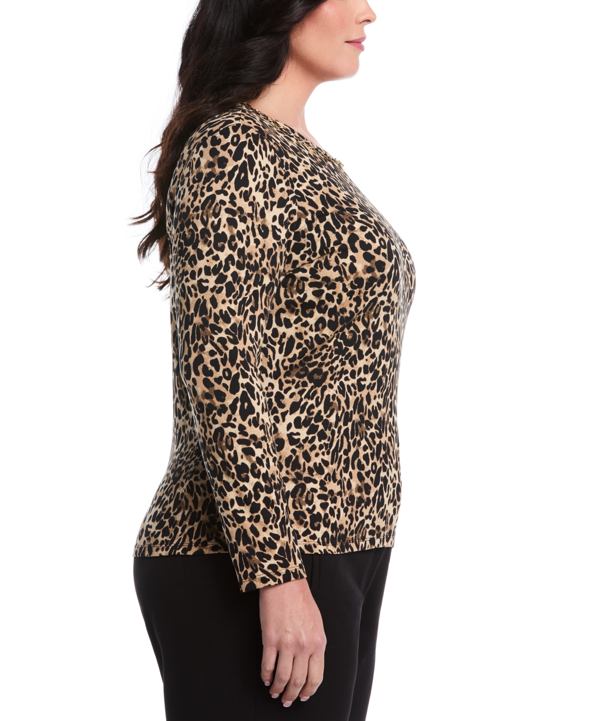 Rafaella Women's Plus Animal Print Chain Neck Detail Long Sleeve Top