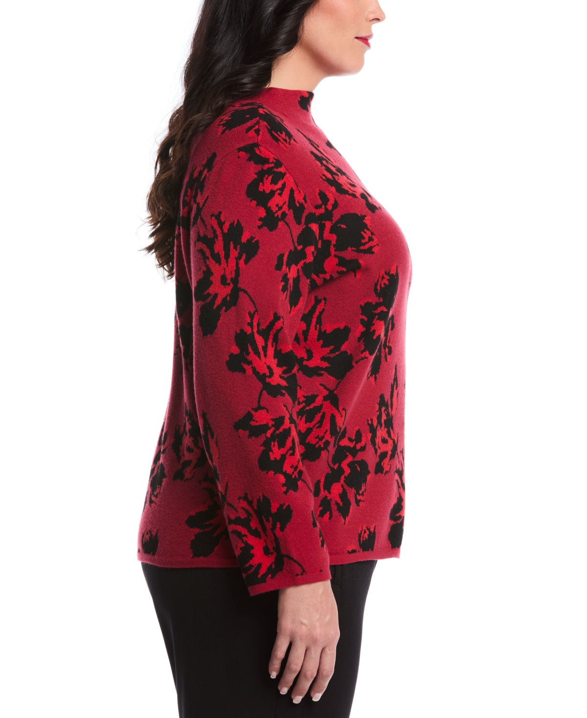 Rafaella Women's Plus Size Floral Print Mock Neck Long Sleeve Sweater In Red