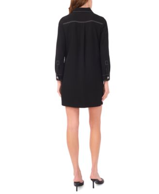 Women's Contrast Stitching & Buttons Long-Sleeve Dress