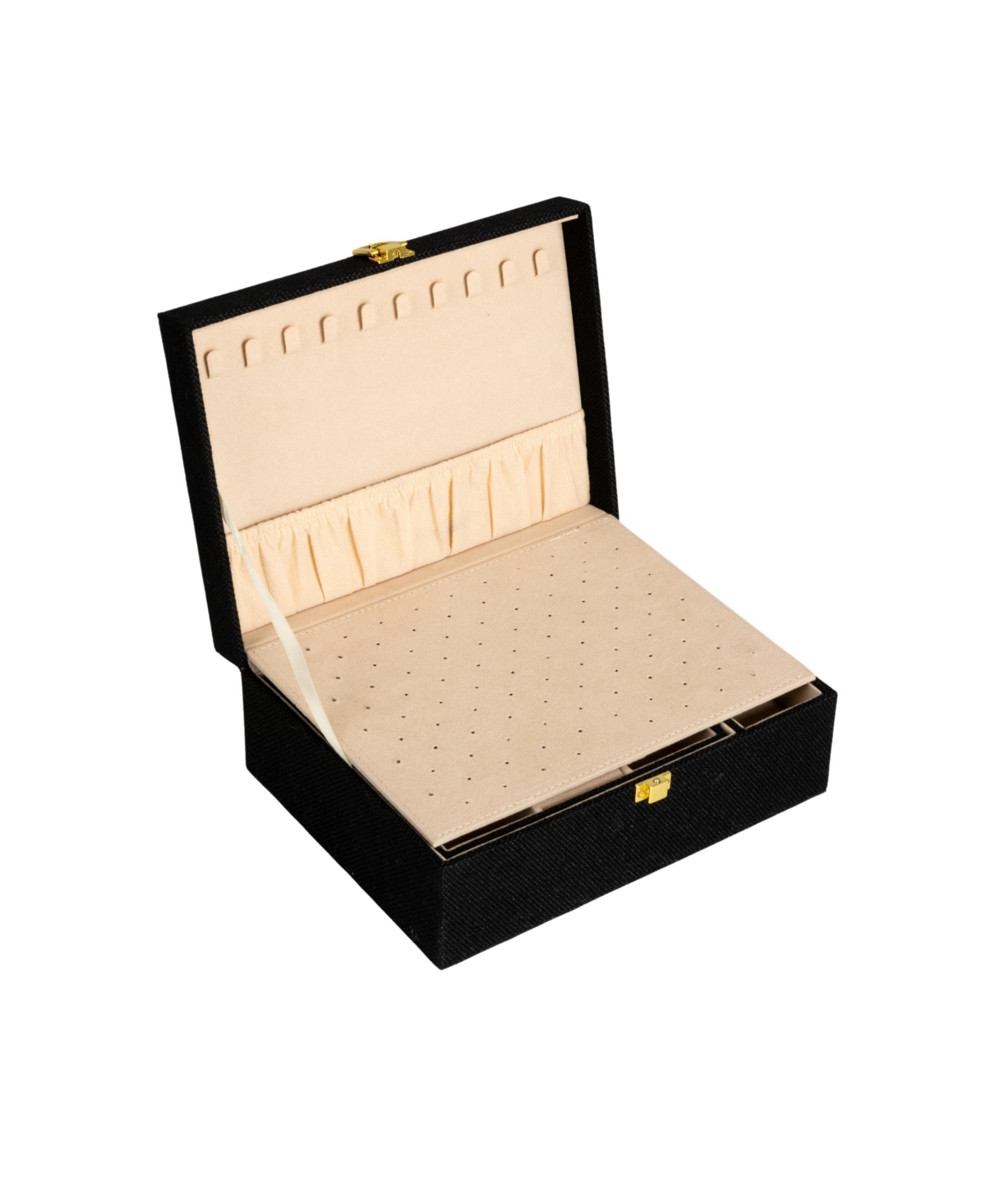 Household Essentials Fabric 2-Layer Jewelry Organizer Box with Clasp Closure, Black