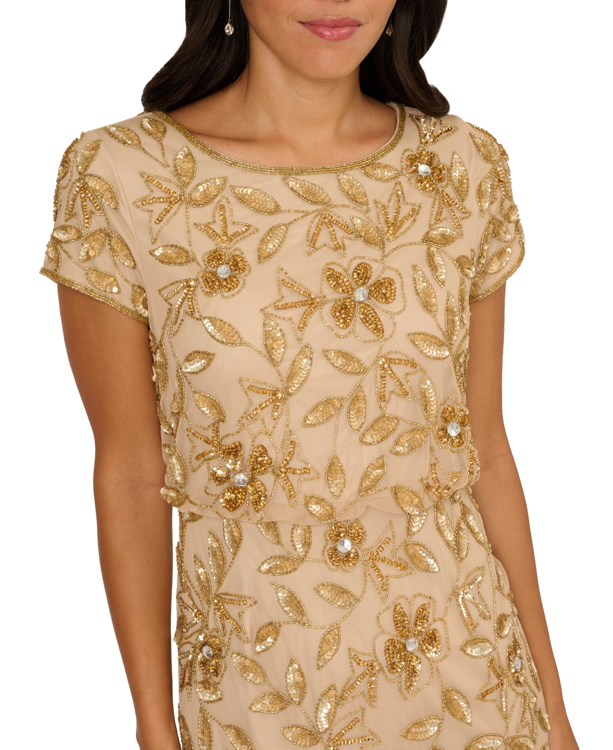 Adrianna Papell Women's Boat-neck Blouson Beaded Gown In Gold
