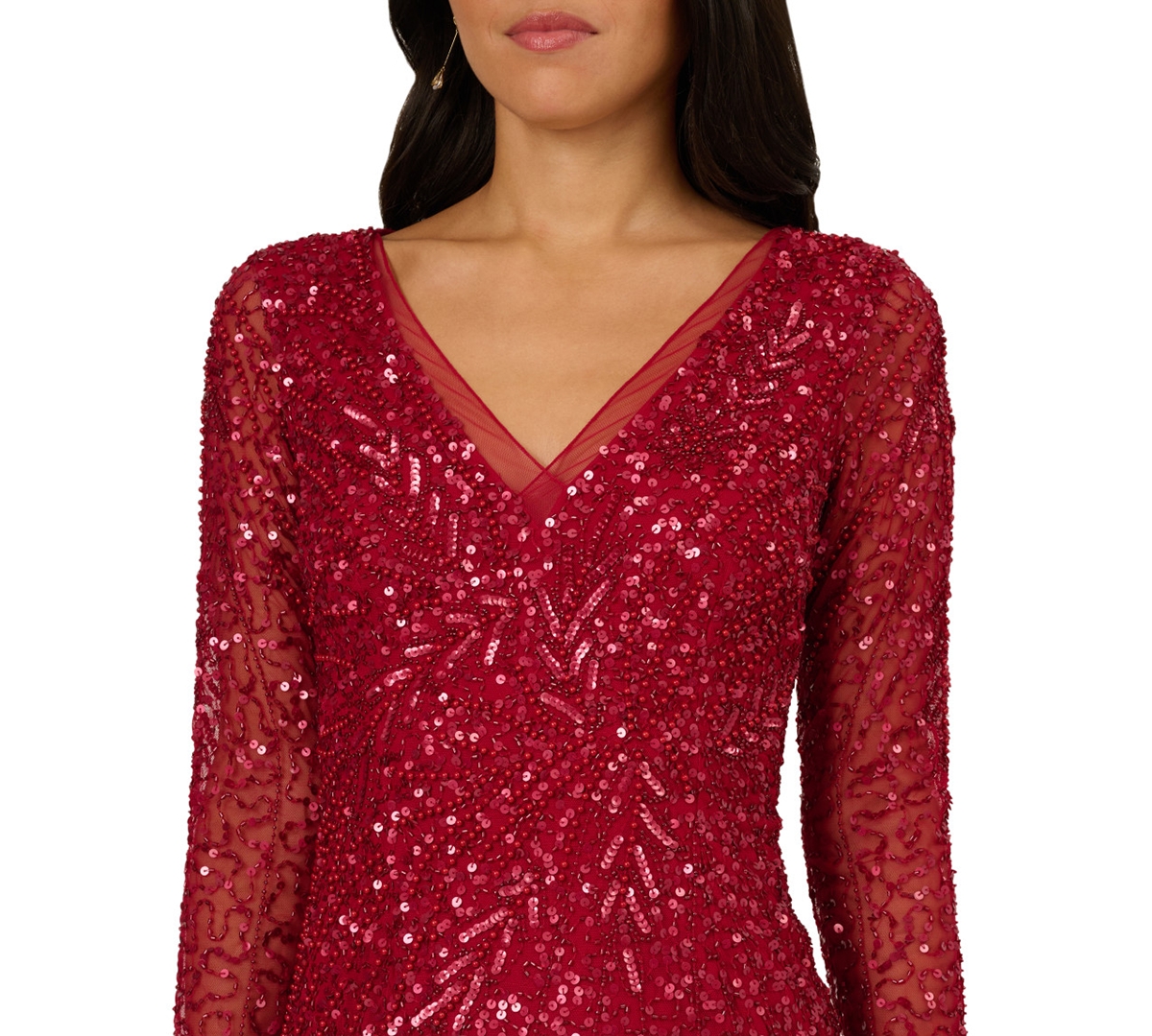 Adrianna Papell Women's Long-Sleeve Beaded Full-Length Gown