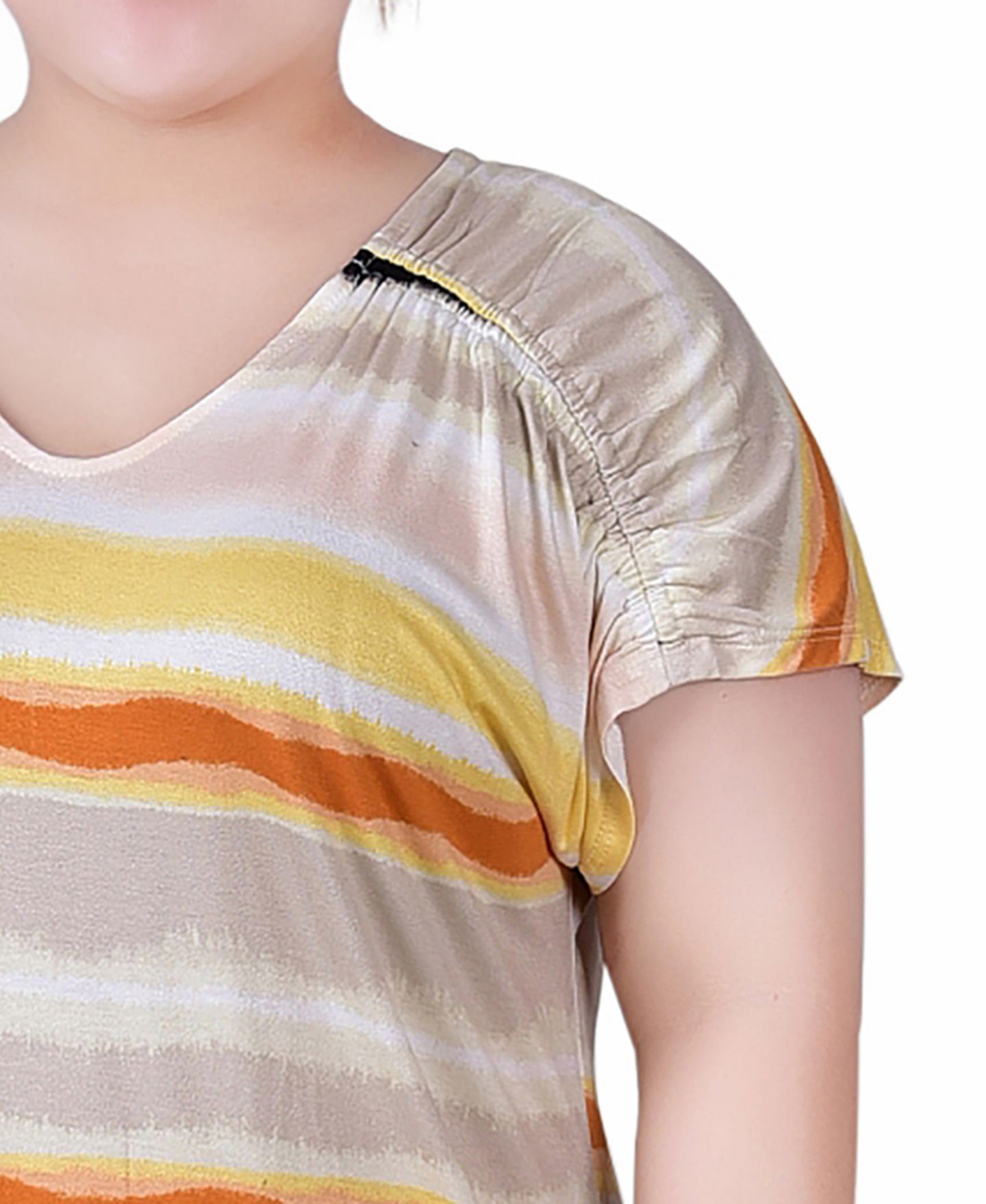 Женский топ NY Collection Plus Size Short Sleeve Striped V neck, цвет: Жёлтая слоновая кость полосатый — фото 3