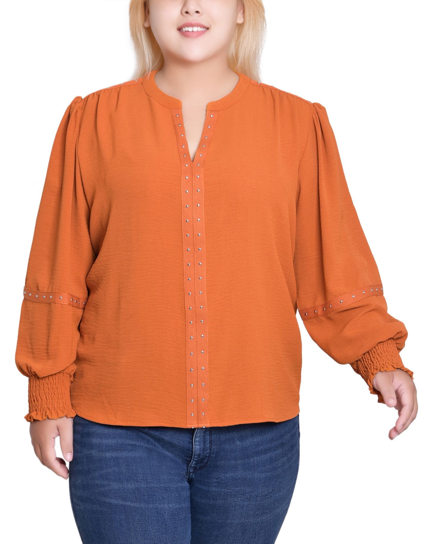 Women's Plus Size Long Sleeve Studded Blouse Top