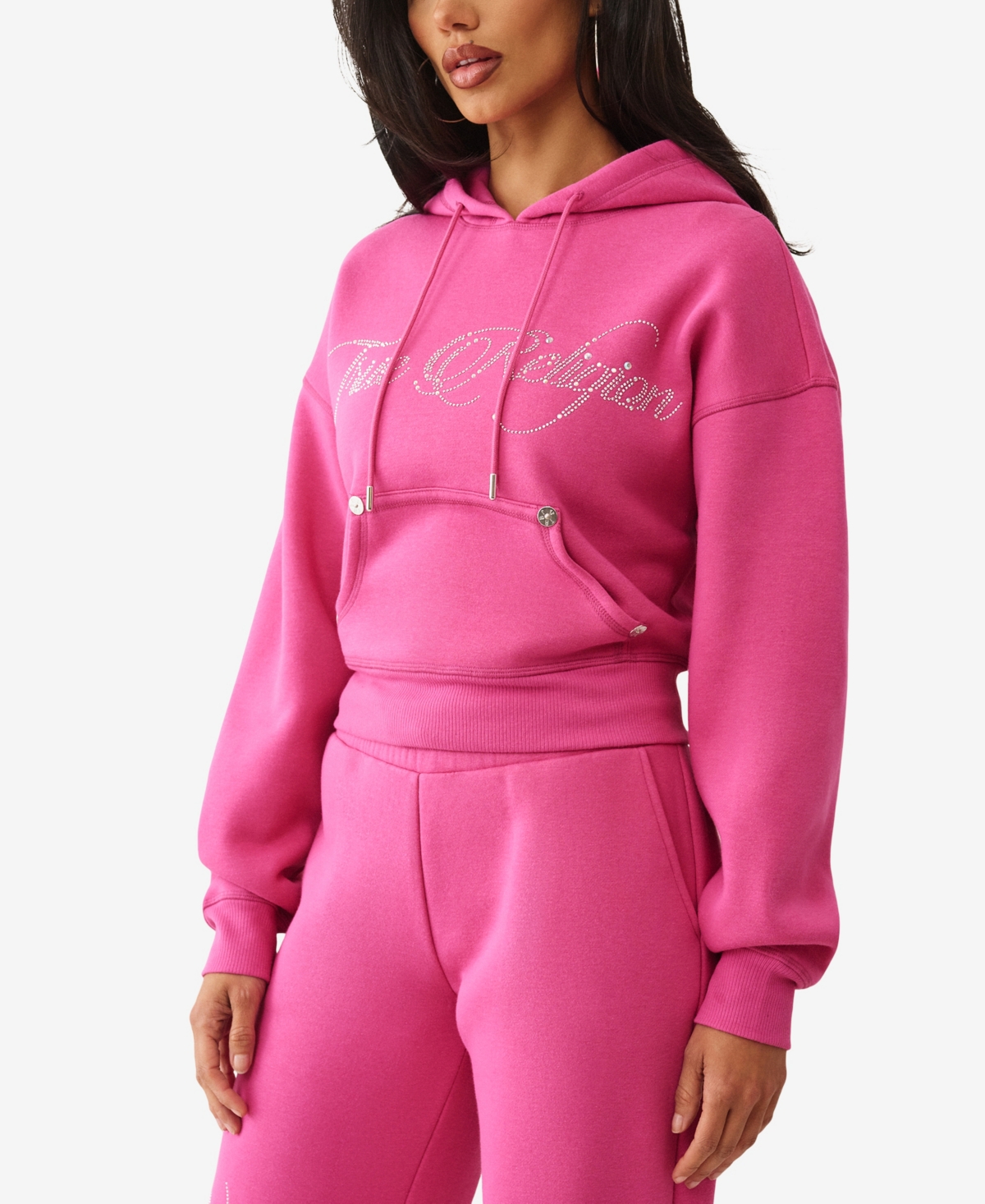 True Religion Rhinestone Logo Crop Hoodie In Pink