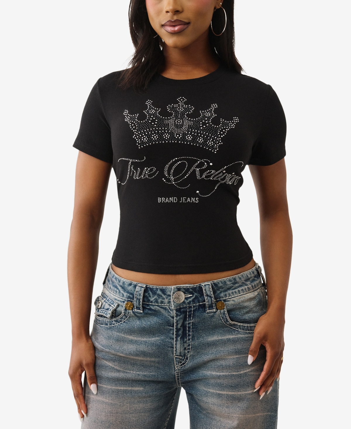 True Religion Women's Crew Neck Crystal Baby T-Shirt