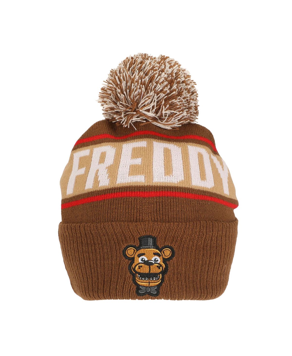 Мужская вязаная шапочка с пушистым жаккардом Freddy Fazbear и вышивкой Фредди на манжетах с помпонами