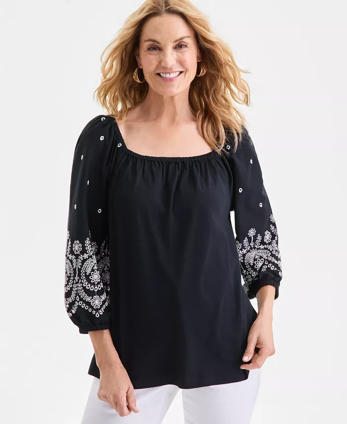 Women's Square-Neck Embroidered Knit Top