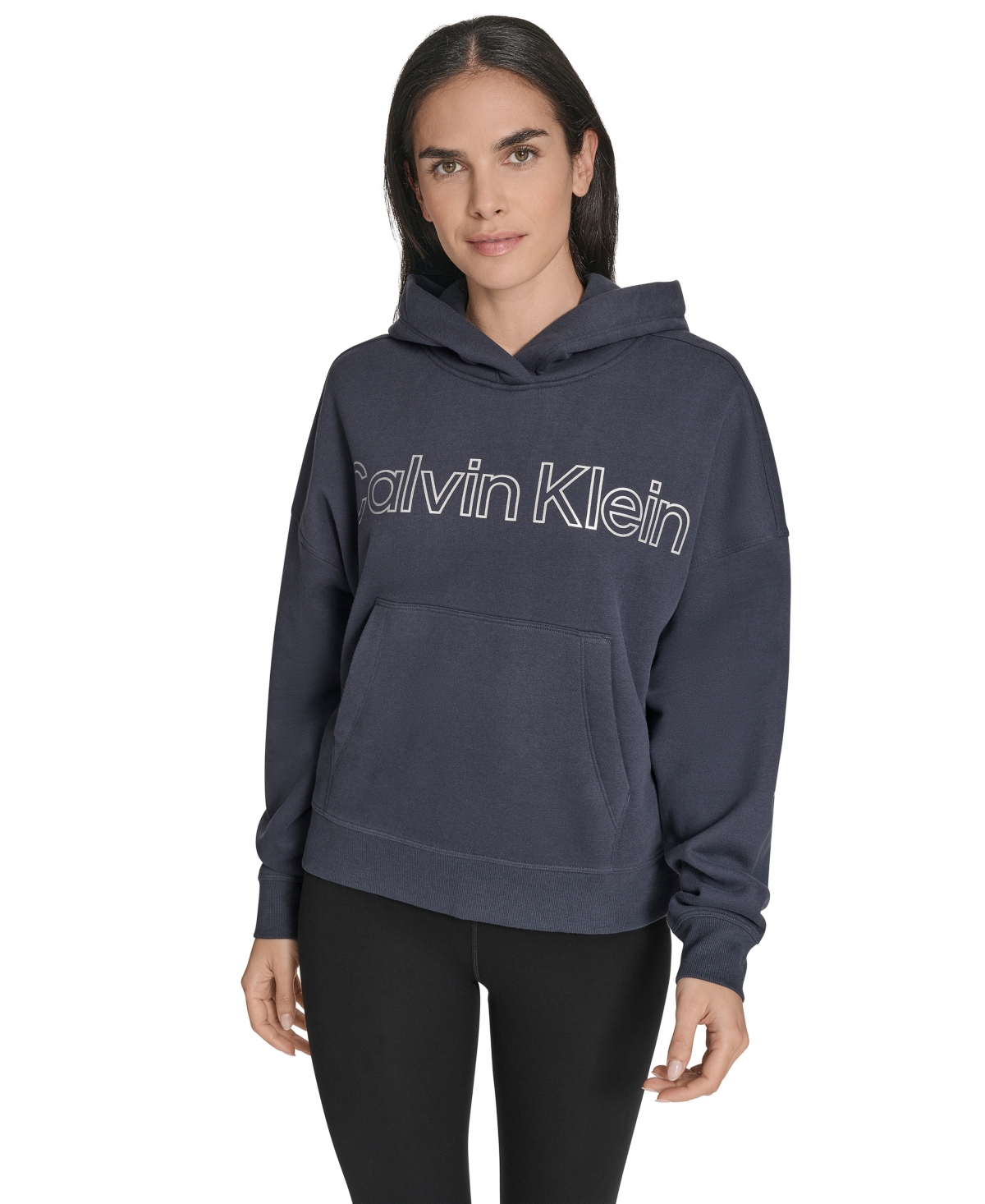 Calvin Klein Women's Performance Metallic Outline Logo Fleece Hoodie In Black