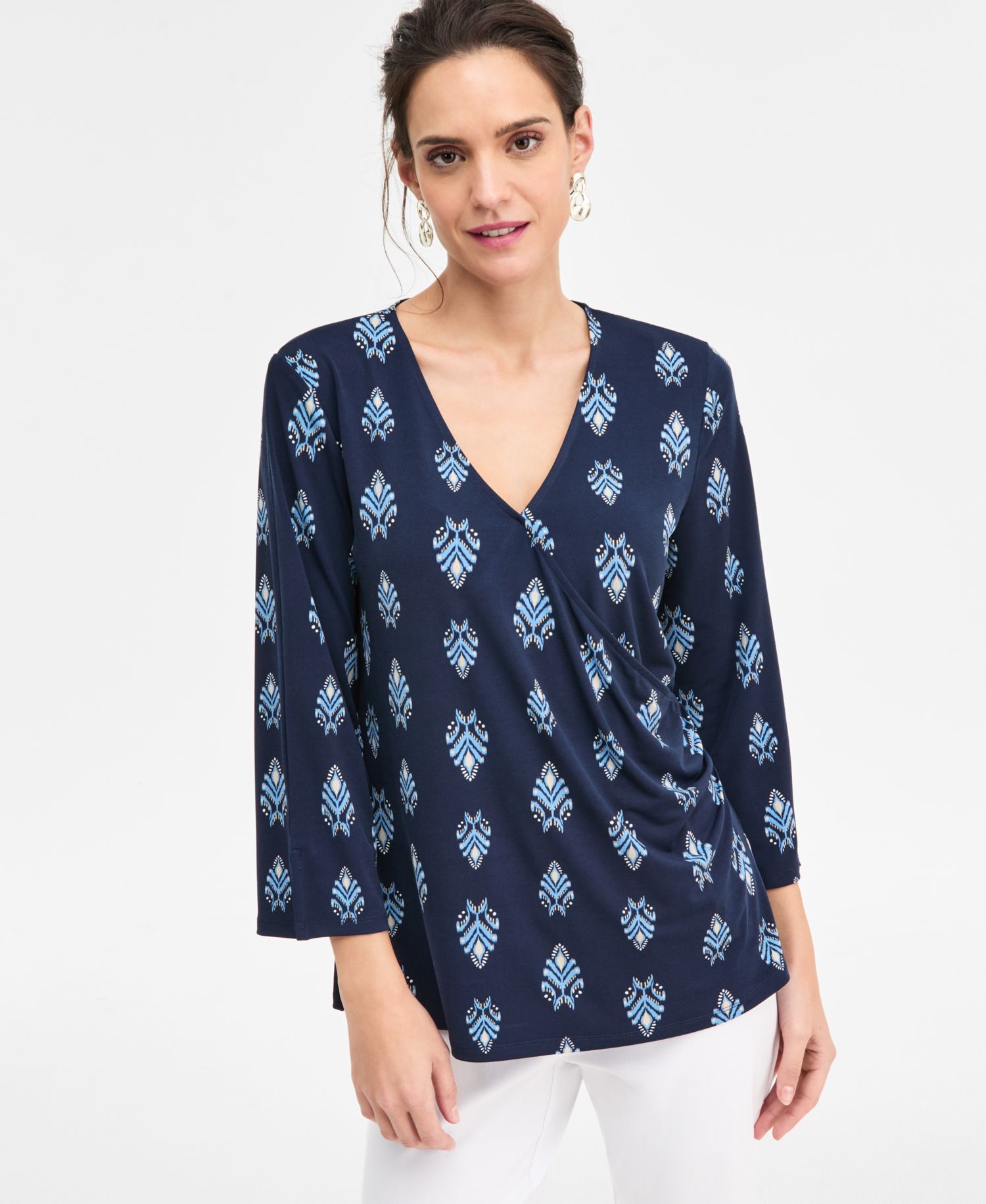 Petite Dani Geo 3/4-Sleeve Knit Dressing Surplice V-Neck Top