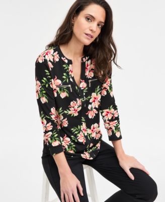 Petite Audra Floral Long-Sleeve Zipper Top, Macy's Exclusive