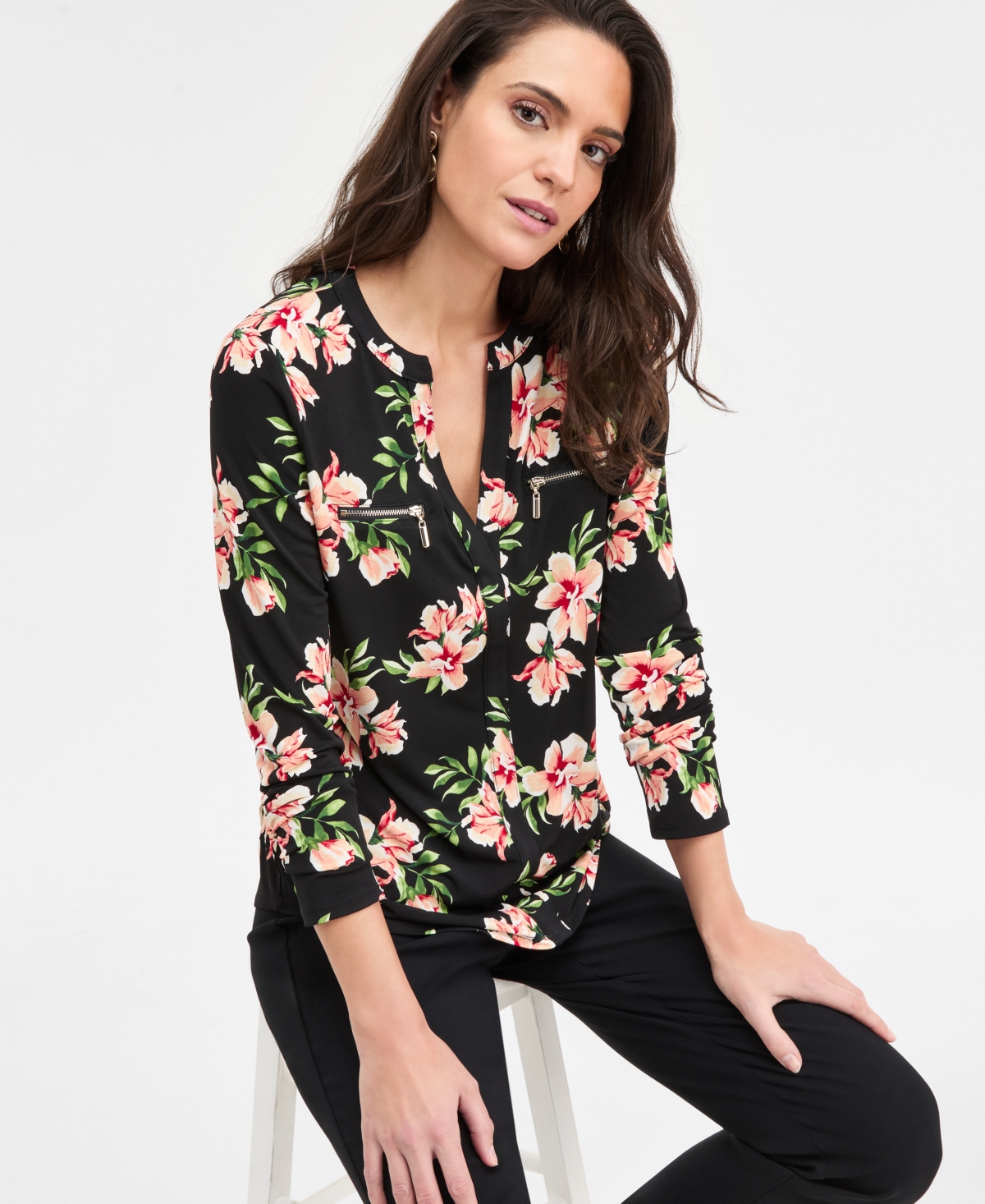 Jm Collection Petite Audra Floral Long-Sleeve Zipper Top, Macy's Exclusive