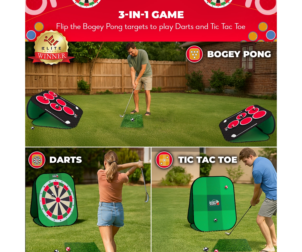 Bogey Pong | 3-in-1 Backyard Pong Golf Game Set with Darts & Tic Tac Toe | Remove Discs for Pong Golf Style Gameplay