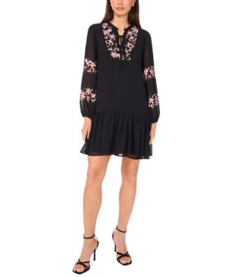 Women's Long-Sleeve with Ties Pull-On Babydoll Dress