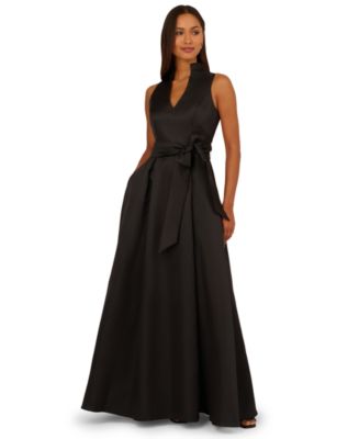 Sleeveless Queen Anne Tie Front Ballgown In Black