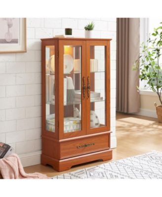 Glass Cabinet with Adjustable Glass Shelves 2 Doors and 1 drawer Cabinet Bulb Included