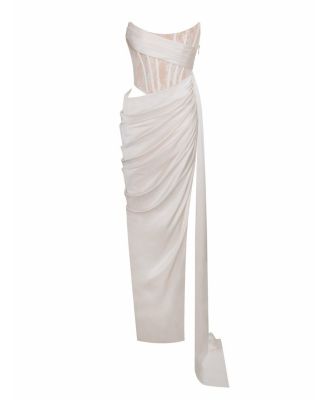 Women Callie Pearl White Lace Satin Corset High Slit Gown