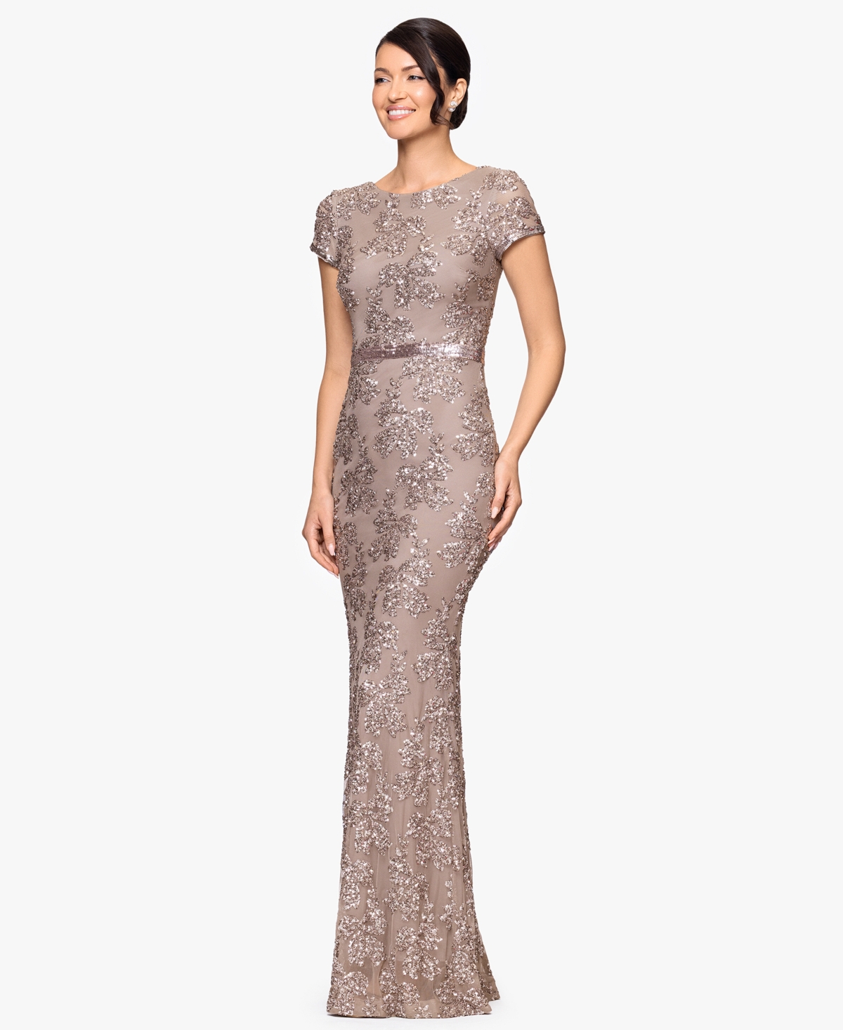 Betsy & Adam Petite Sequin Detail Gown In Brown