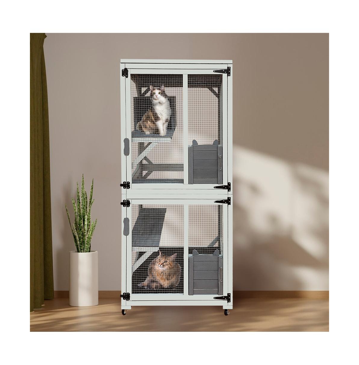 Aostirmotor 71 in. H Outdoor Wooden Cat Enclosure with Napping House 4 Platforms & Weatherproof Asphalt Roof in Gray