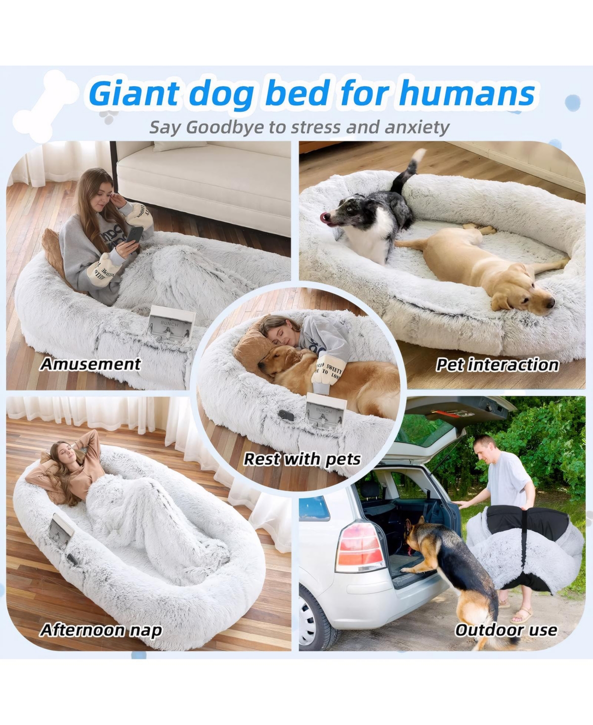 Grey White Human Dog Bed Washable Faux Fur Dog Bed Napping Orthopedic Dog Bed