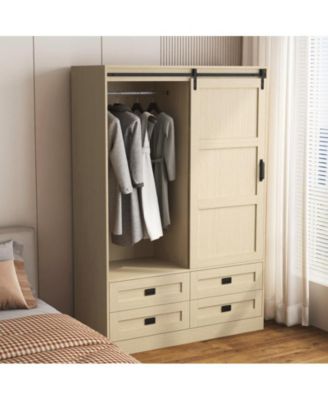 Tall Cabinet Wardrobe Closet Clothing with Hanging Rod Barn Door Drawers Open Shelves