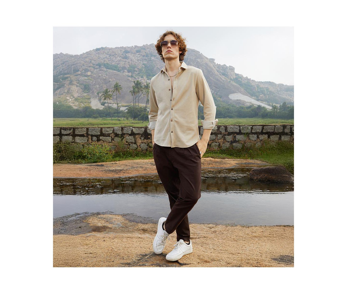Мужская рубашка Cahoot Campus Sutra Saltbox Beige Solid Knit, цвет: Бежевый — фото 2