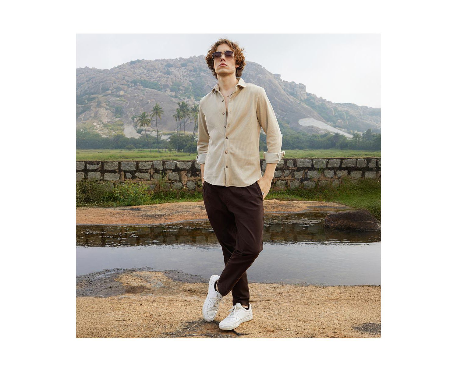 Men's Saltbox Beige Solid Knit Shirt