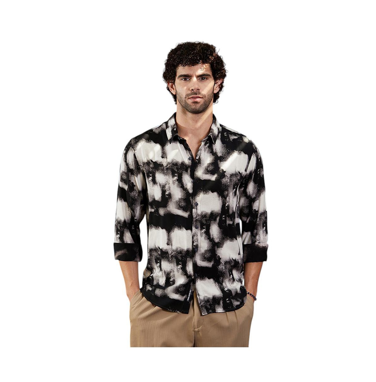 Campus Sutra Men's Onyx Black Textured Brushwork Shirt