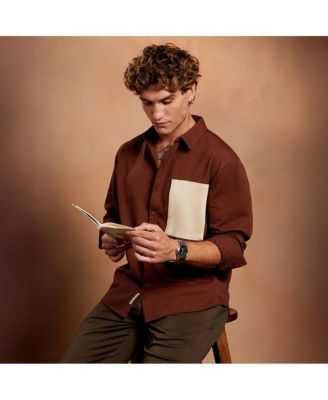 Men's Chocolate Brown Block-Patch Oversized Shirt