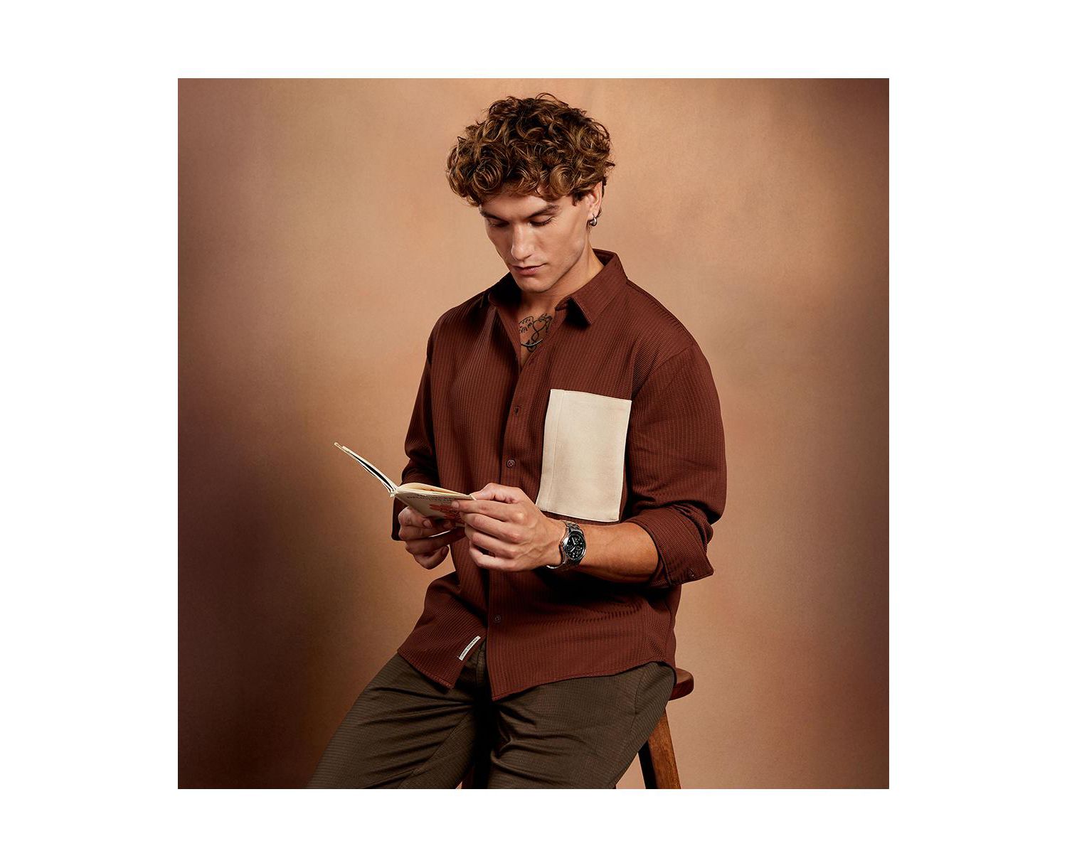 Men's Chocolate Brown Block-Patch Oversized Shirt