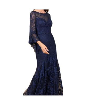Women's Illusion Neck, Long Bell Sleeve Gown