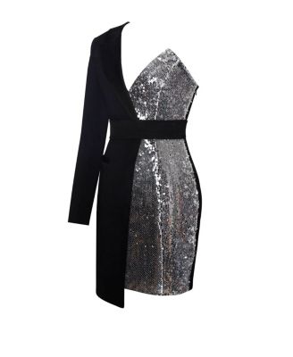 Women's Silver Night Black Sequin Crepe Tuxedo Blazer Dress