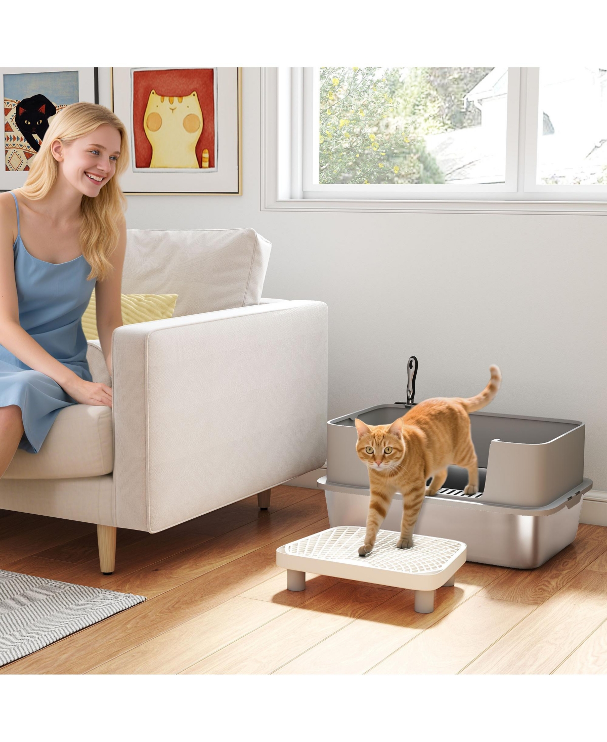 PawHut Stainless Steel Litter Box, High Sided Cat Litter Box with Scoop