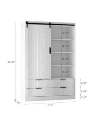 Tall Cabinet Bedroom Armoire Wardrobe Closet Clothing with Hanging Rod Barn Door Drawers Open Shelves