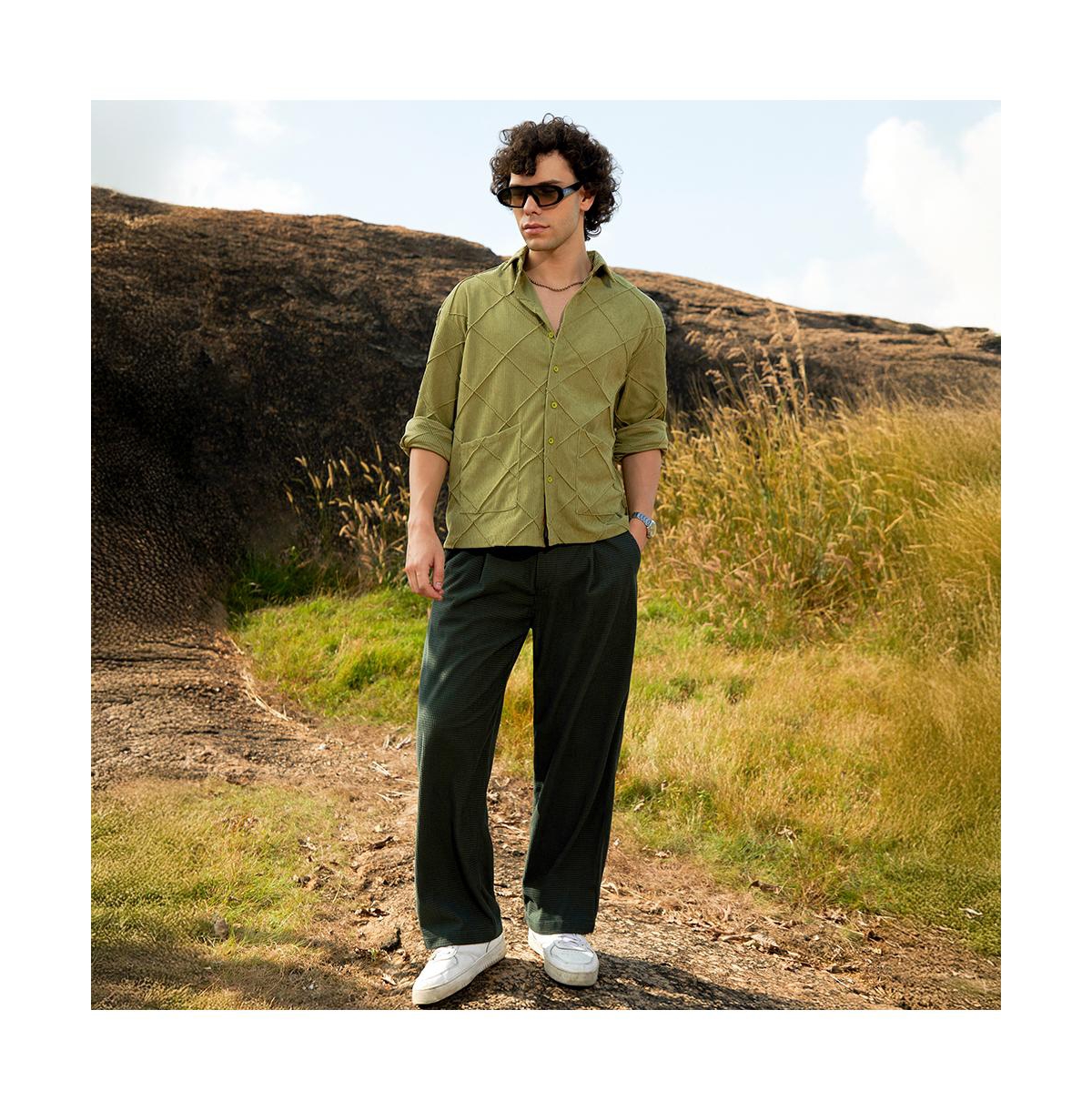 Campus Sutra Men's Pistachio Green Grid-Corduroy Shirt