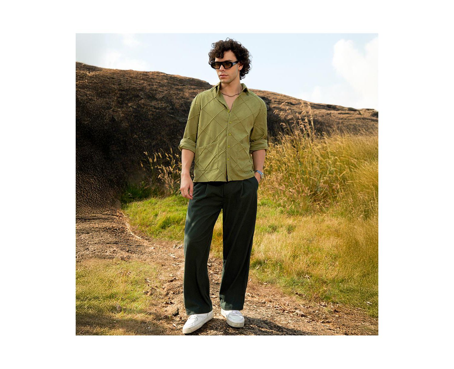 Men's Pistachio Green Grid-Corduroy Shirt