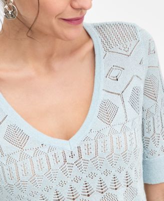 Petite Short-Sleeve Pointelle V-Neck Sweater, Macy's Exclusive
