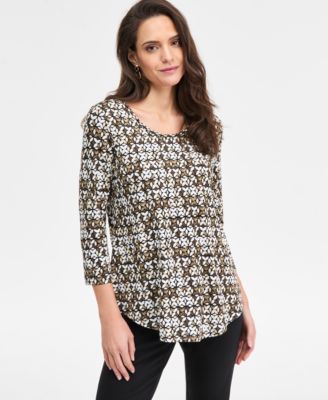JM Collection - Women's Emerald Shapes 3/4-Sleeve Scoop-Neck Top