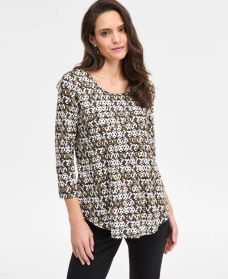 Emerald Shapes Scoop Neck Top - Deep Black Combo