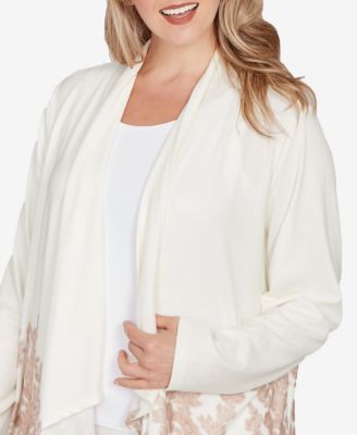 Plus Size Long Sleeve Border Print Cardigan Sweater