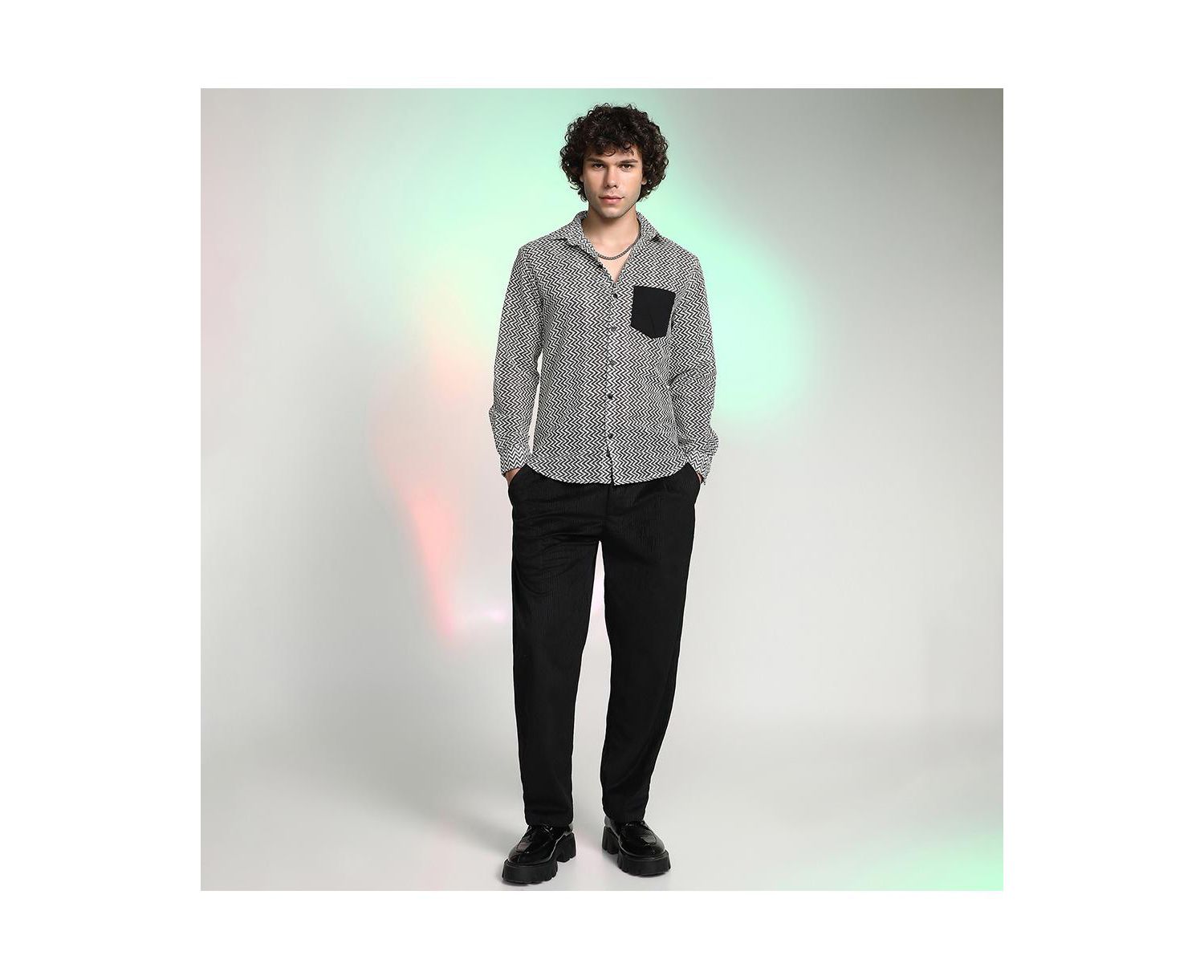 Men's Onyx Black & Cream White Zig-Zag Block Shirt