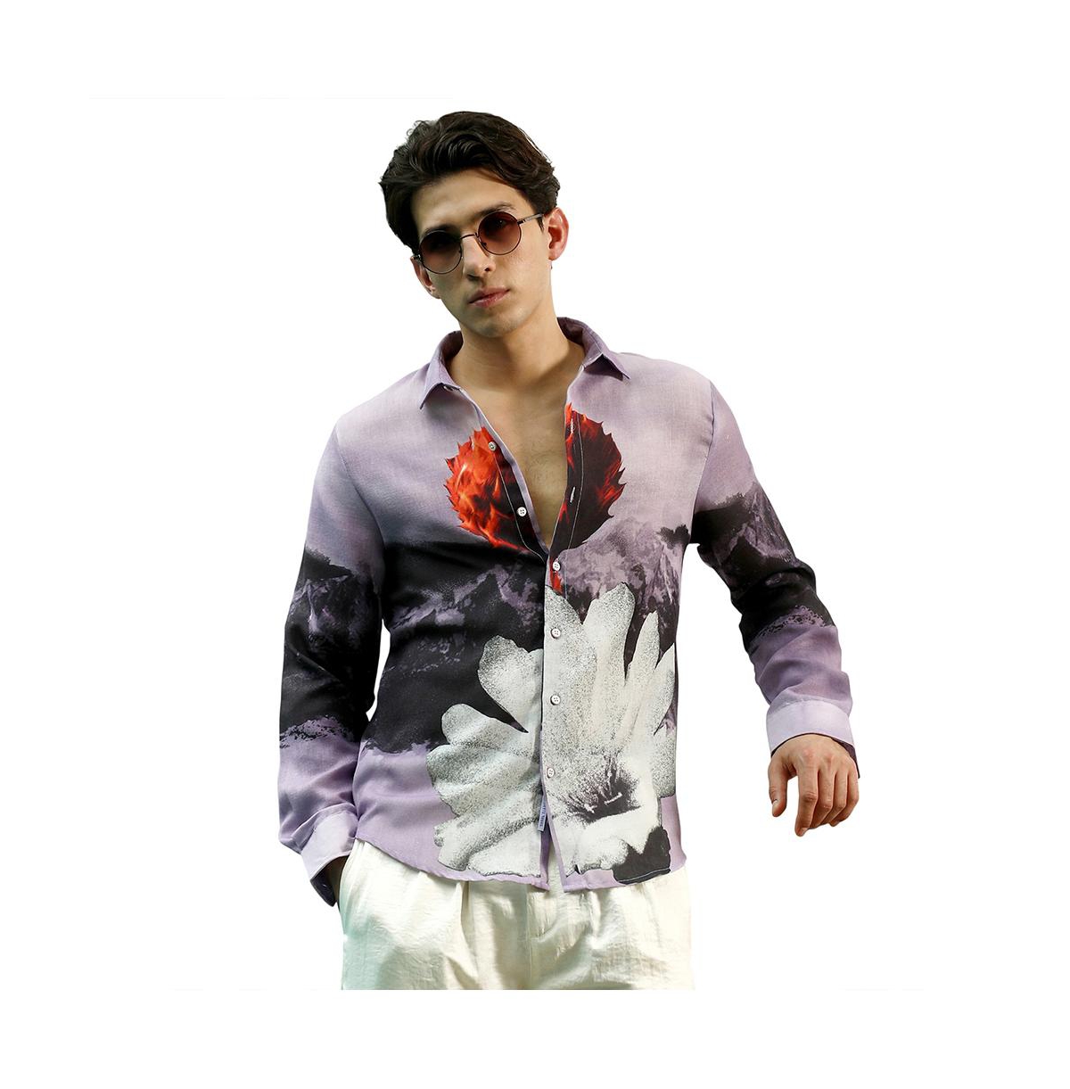 Campus Sutra Men's Purple Floral Printed Rayon Shirt With Spread Collar