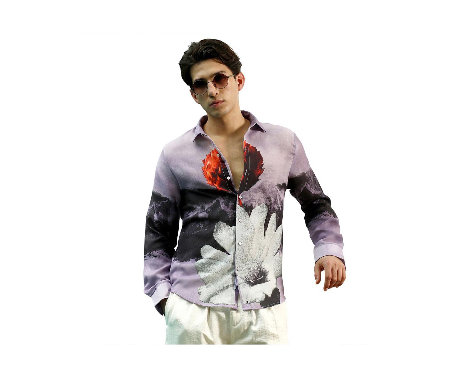 Men's Purple Floral Printed Shirt With Spread Collar