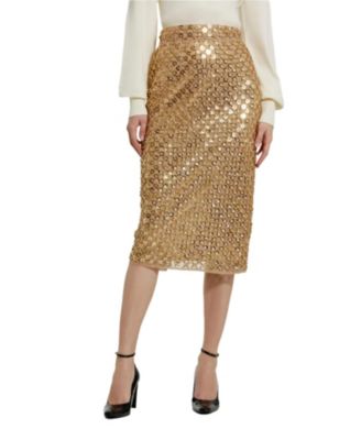 Women's Sequin Embellished Mesh Fitted Midi Pencil Skirt