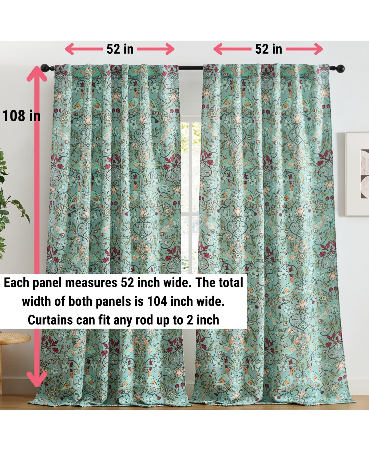 Hlc.me Florence Floral & Birds Patterned Window Back Tab Rod Pocket Curtains Bedroom - Light Blocking Darkening Window Panels