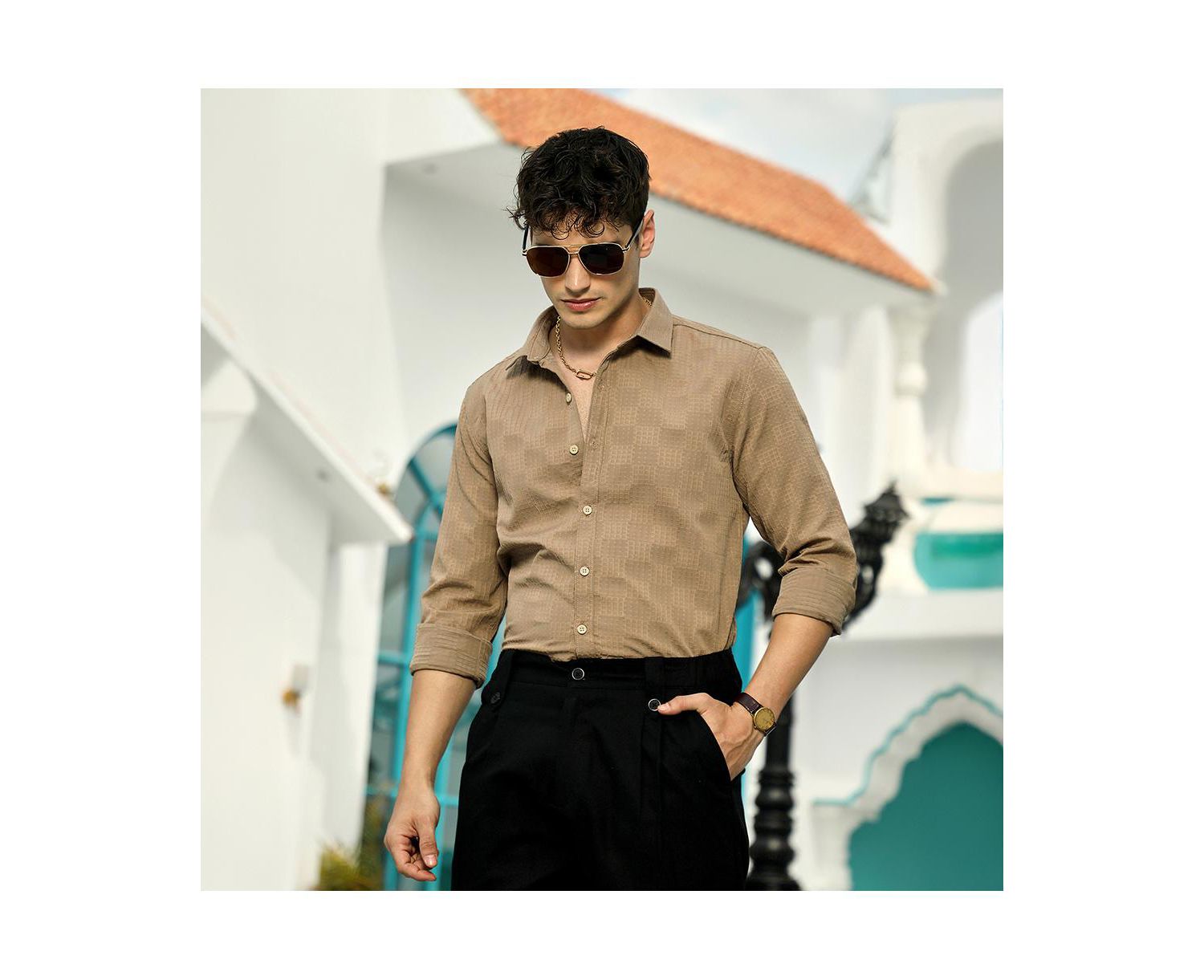 Men's Ash Brown Grid-Check Tactile Shirt