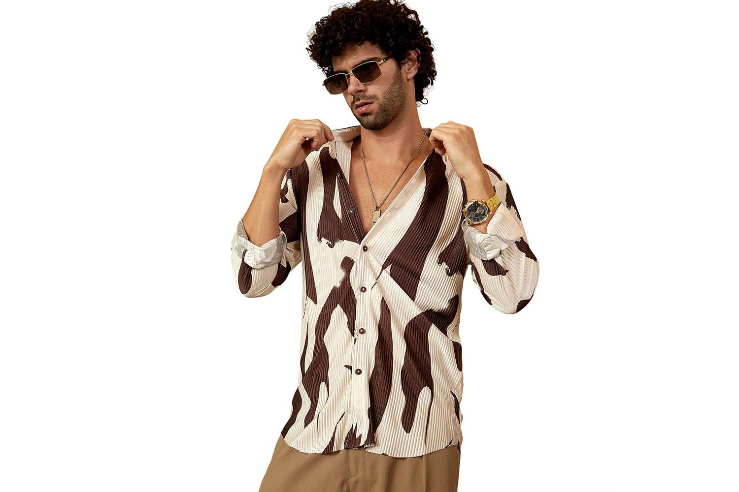 Men's Chocolate Brown & Daisy White Contour-Lines Pleated Shirt