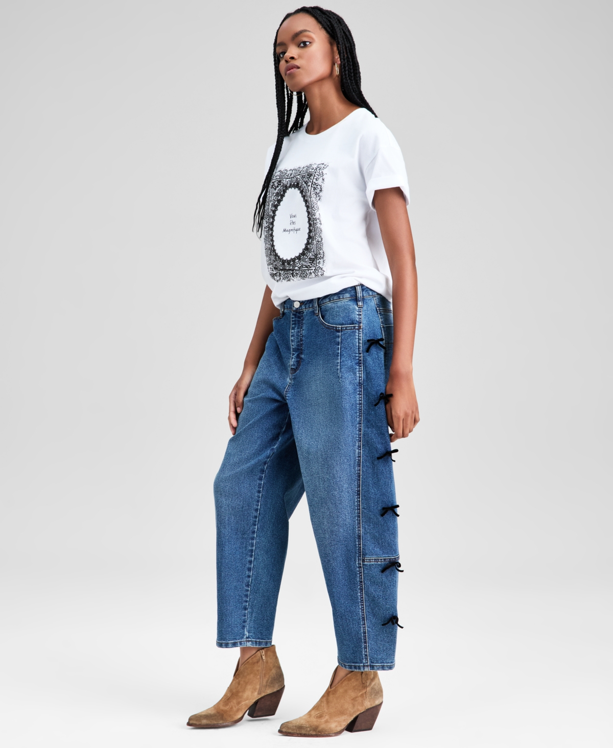 And Now This Women's Bow-detail Barrel-leg Jeans, Macy's Exclusive In Blue