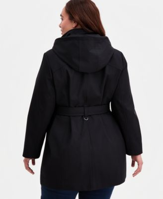 Plus Size Belted Hooded Zip-Front Raincoat