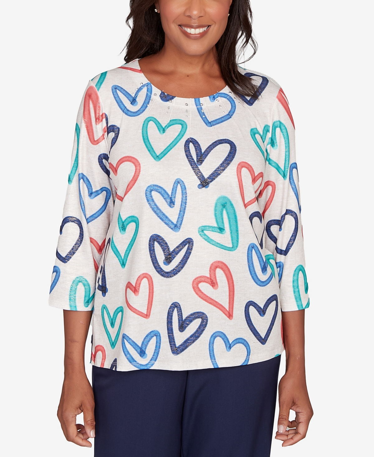 Alfred Dunner Plus Size Saratoga Springs Tossed Heart Pattern Knit Top In White
